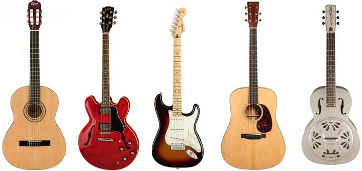 Picture of 5 different types of guitars.